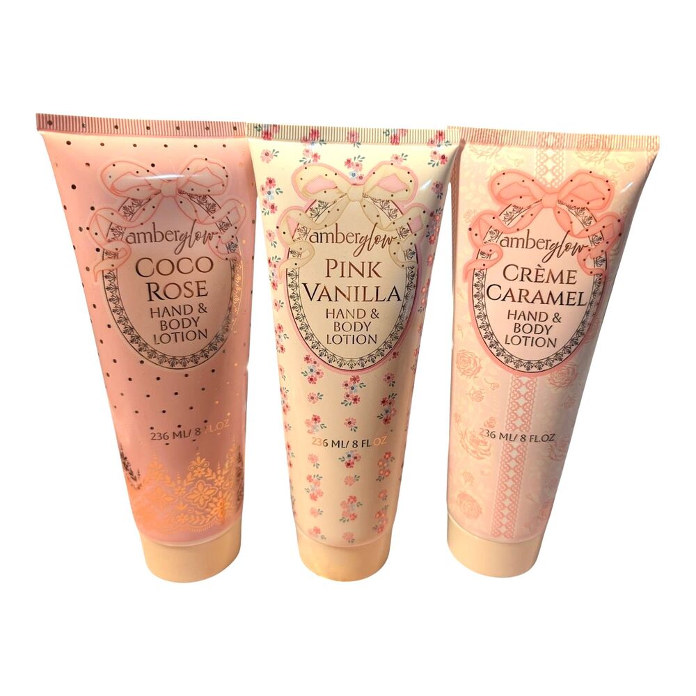 Amber Glow 3 Piece Hand & Lotion Set Coco Rose, Pink Vanilla & Creme Caramel